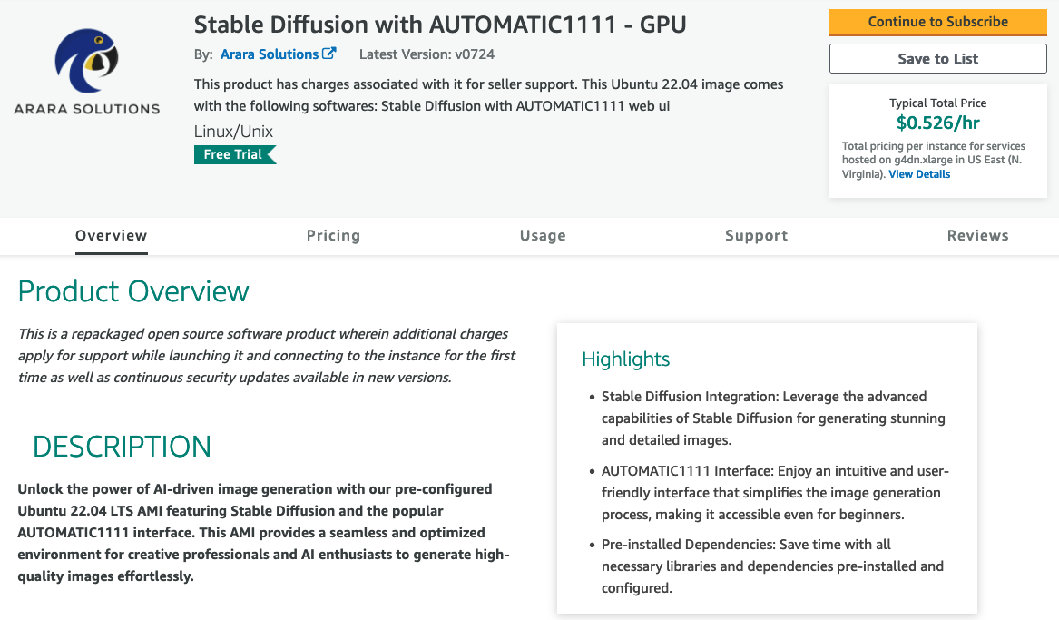 Details of Stable Diffusion image on AWS Marketplace