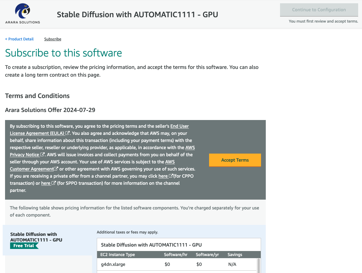 Details of Stable Diffusion image on AWS Marketplace