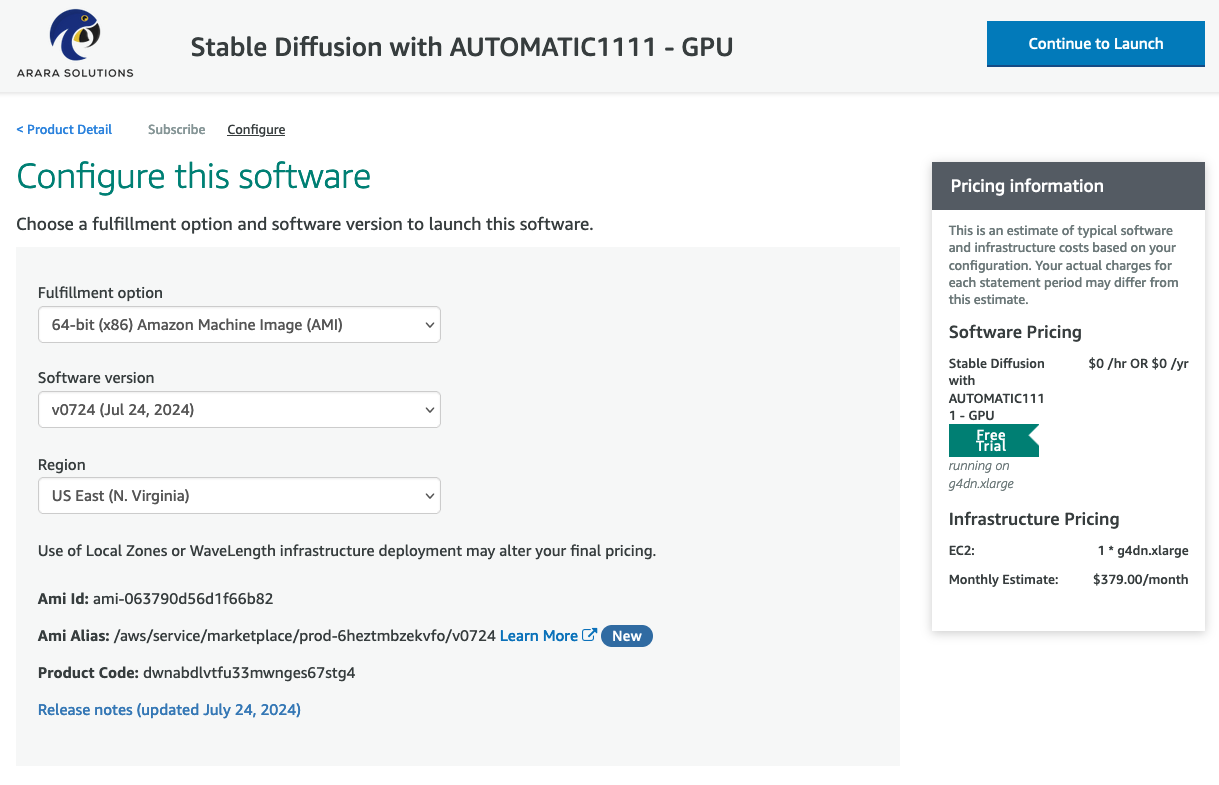 Details of Stable Diffusion image on AWS Marketplace