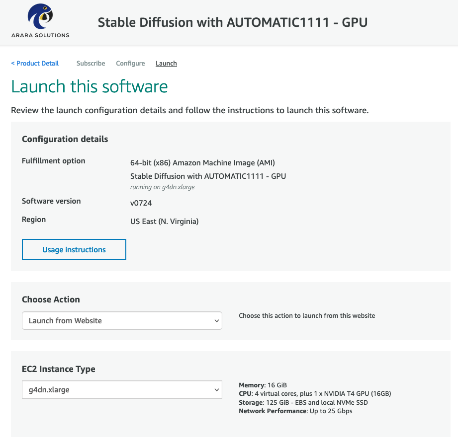 Details of Stable Diffusion image on AWS Marketplace